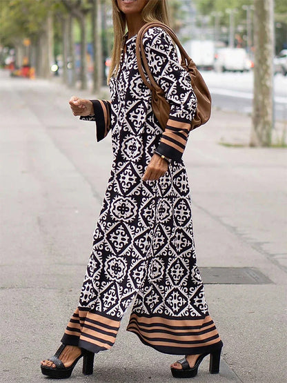 Long Sleeves Geometric Printed Maxi Dress