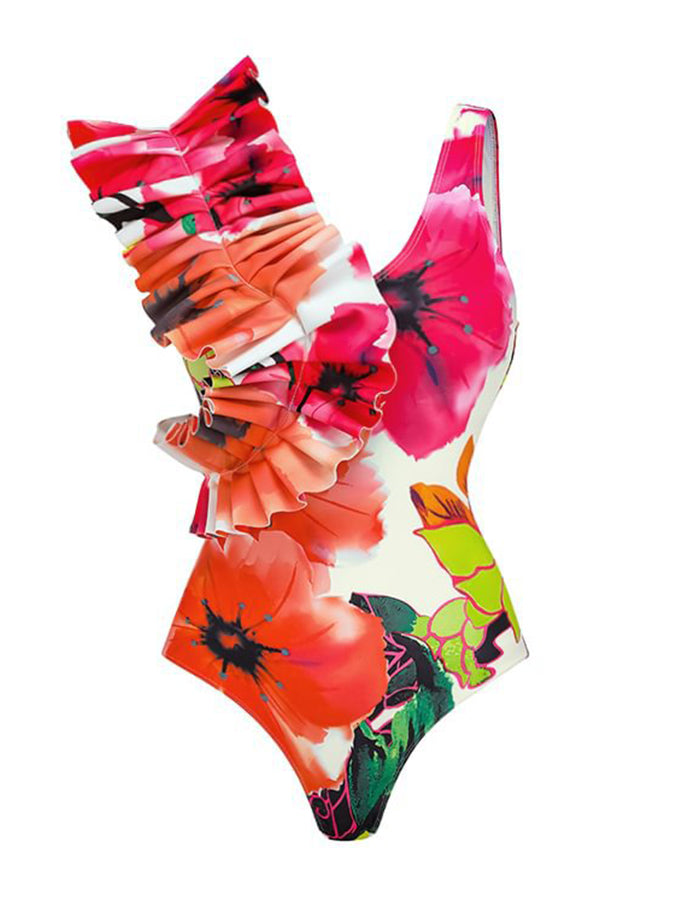 Ruffled Printed One Piece Swimsuit and Skirt
