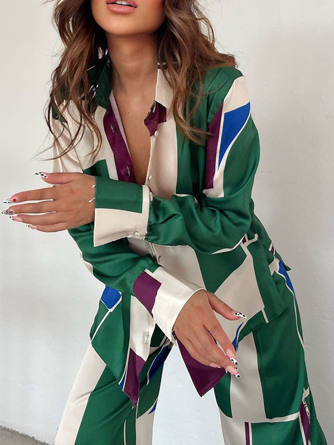 Long Sleeves Printed Shirt and Pants Two Pieces Sets