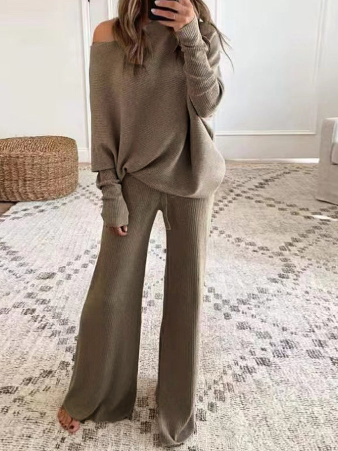 Knitted Long Sleeves Top and Pants Two Pieces Sets