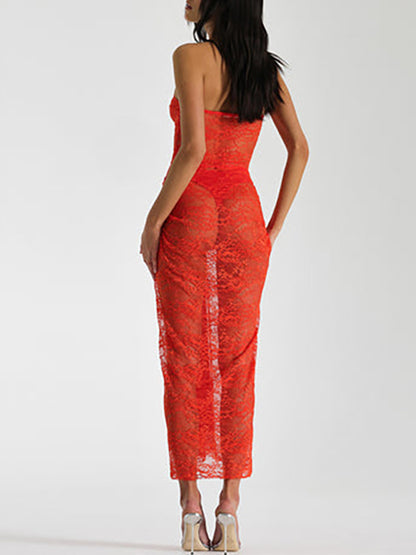 Lace Off Shoulder See-through Maxi Dress