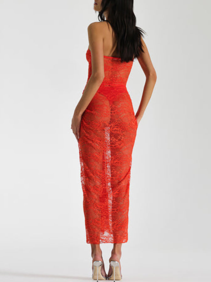 Lace Off Shoulder See-through Maxi Dress