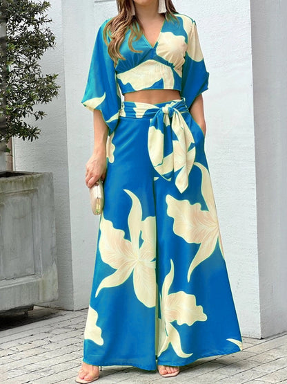 Printed V Neck Shirt and Wide-leg Pants Sets