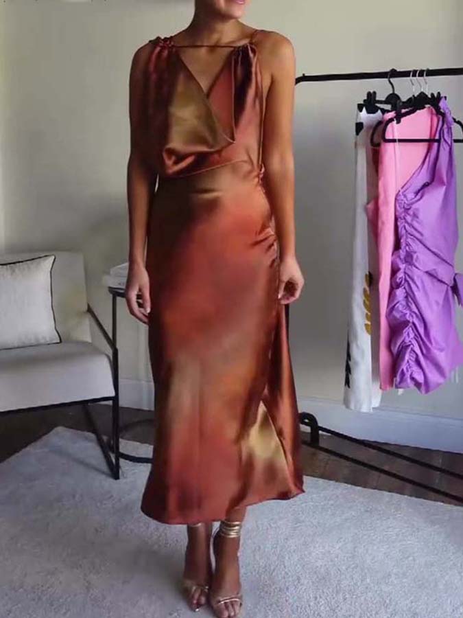 Satin Printed Sleeveless Maxi Dress