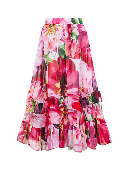 Ruffle V Neck Flower Printed One Piece Swimsuit and Skirt
