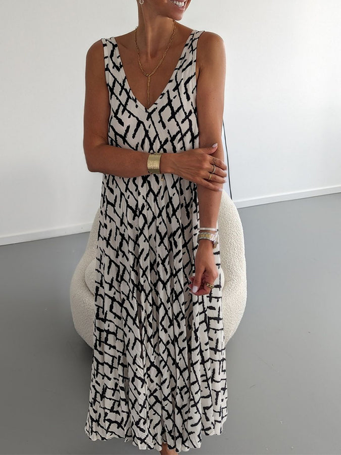 V Neck Geometric Printed Sleeveless Maxi Dress