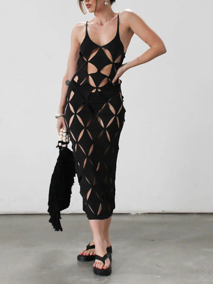 Black Laser-cut Maxi Dress Cover-up and Black Bikini
