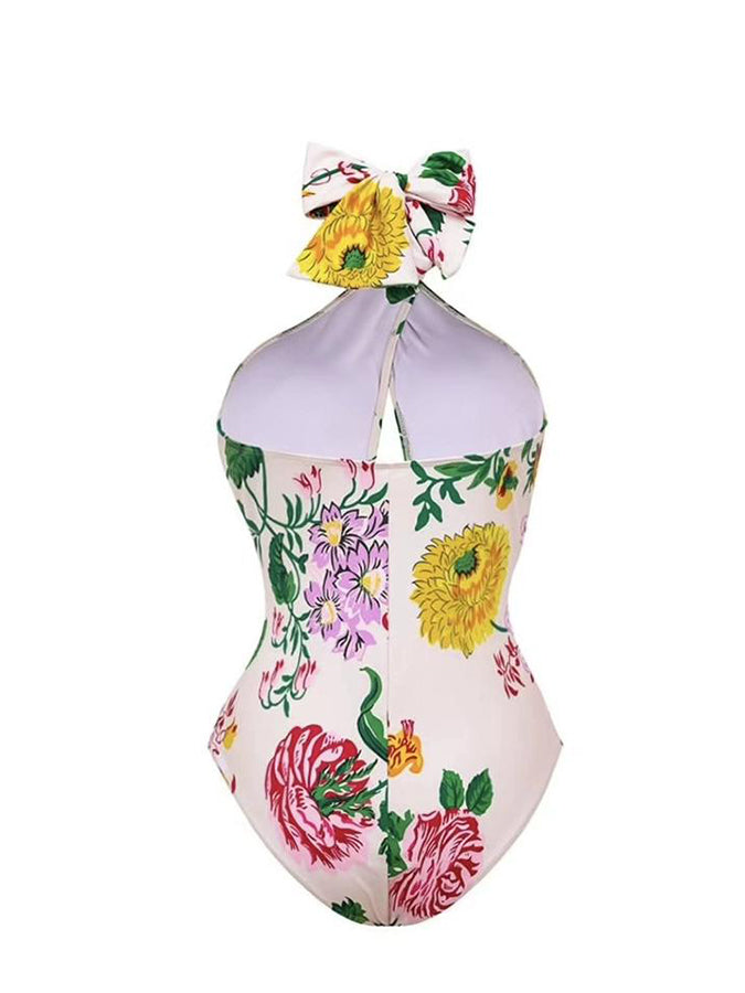 Printed Off Shoulder Color Block One Piece Swimsuit and Skirt
