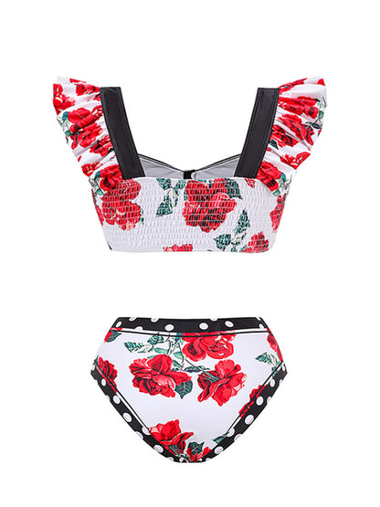 Rose Printed One Piece Swimsuit and Skirt