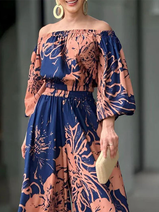 Printed Off Shoulder Shirt and Wide-leg Pants Sets