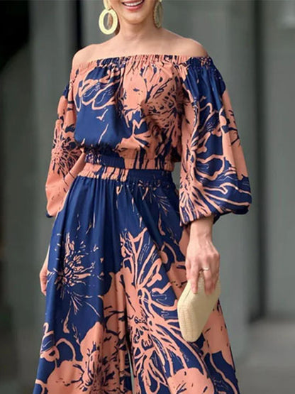 Printed Off Shoulder Shirt and Wide-leg Pants Sets