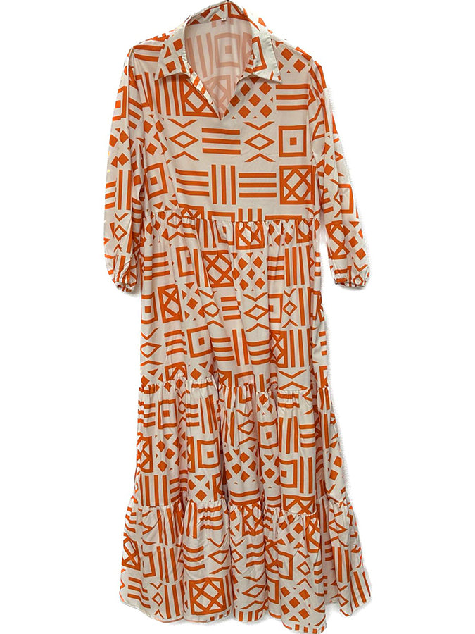 Geometric Printed 3/4 Sleeves Shirt Collar Maxi Dress