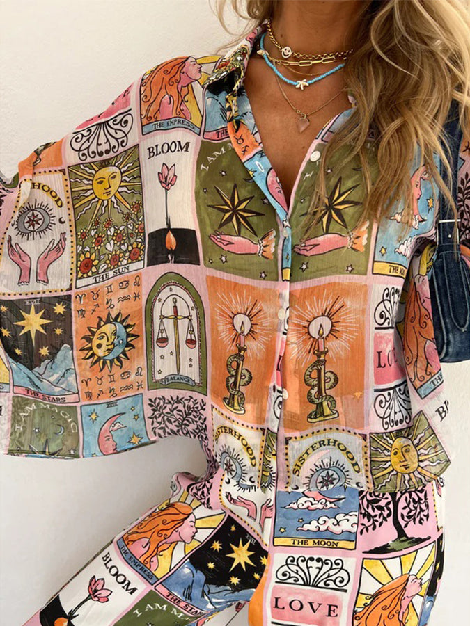 Printed Batwing Sleeves Shirt and Pants Sets