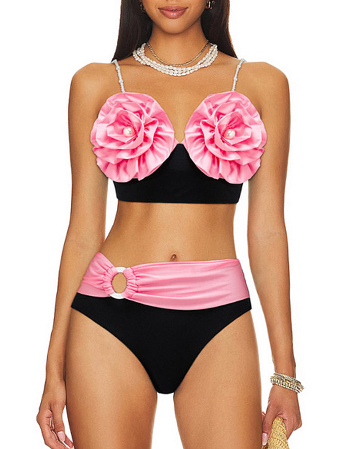 3d Pink Pearl Flower Swimsuit and Skirt