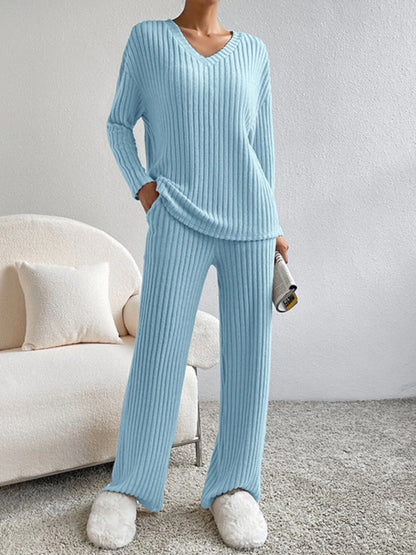 V Neck Long Sleeves Top and Pants Two Pieces Sets