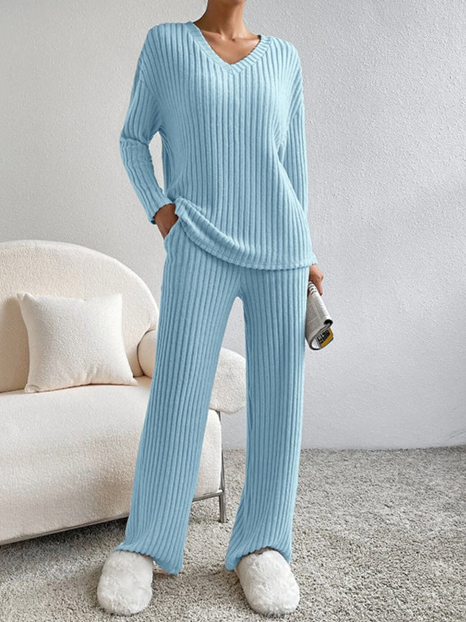 V Neck Long Sleeves Top and Pants Two Pieces Sets