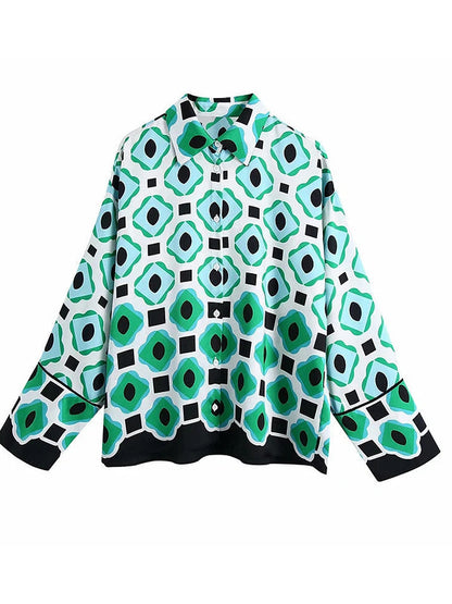 Long Sleeves Geometric Printed Blouses and Pants Sets