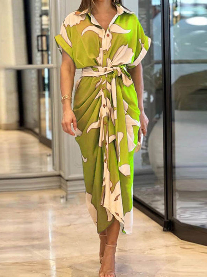 Printed Short Sleeves High Waist Shirt Maxi Dress