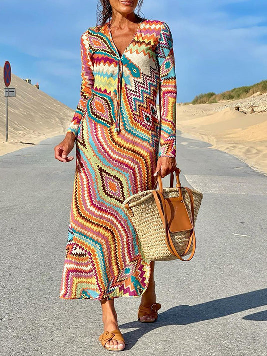 Long Sleeves V Neck Printed Lace-up Maxi Dress