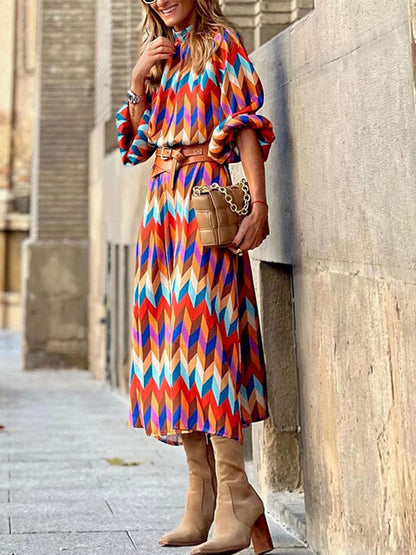 Long Sleeves Geometric Printed Maxi Dress