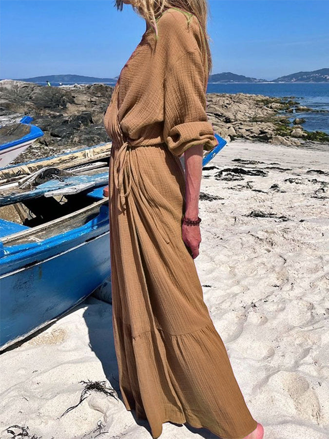 V Neck Long Sleeves Loose Maxi Dress