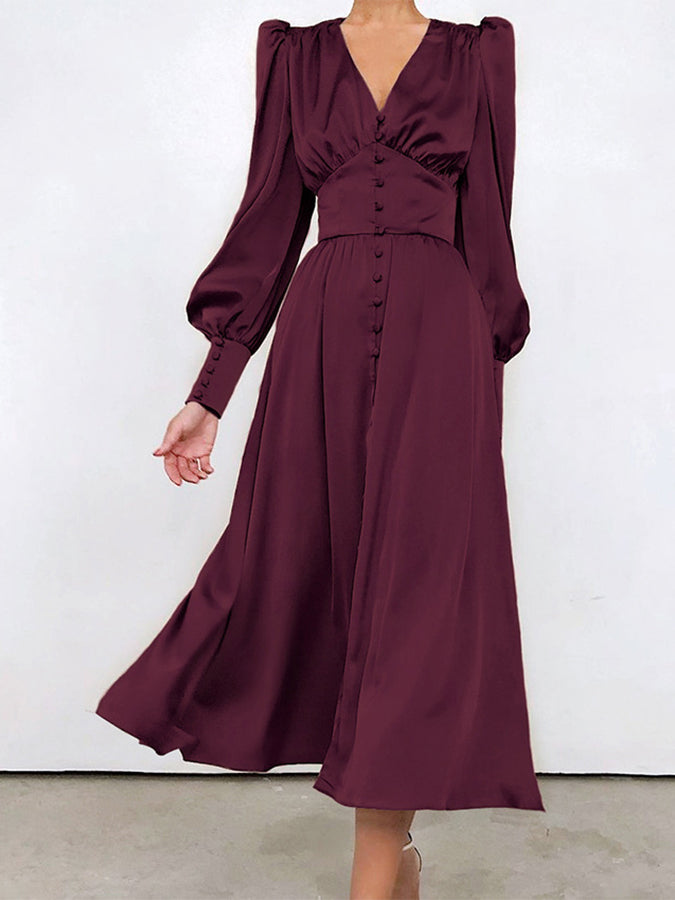 Long Sleeves Buttoned V Neck Maxi Dress