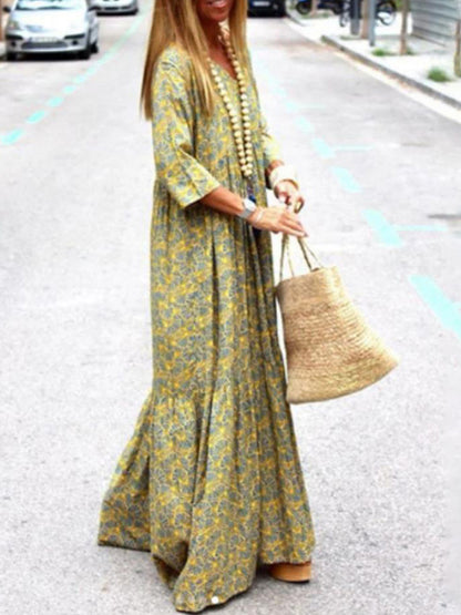 Long Sleeves Printed V Neck Maxi Dress