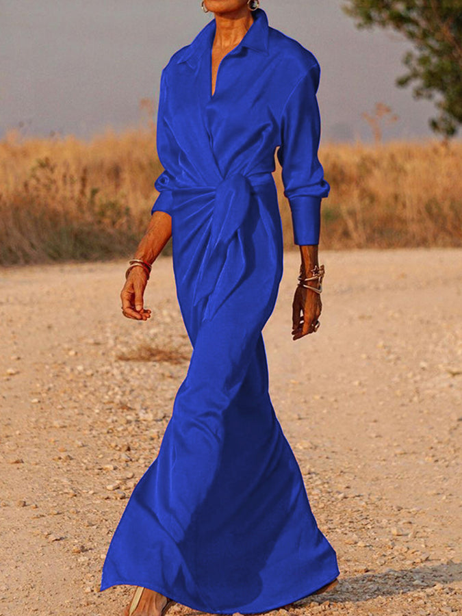 Long Sleeves Lace-up Slit Maxi Dress
