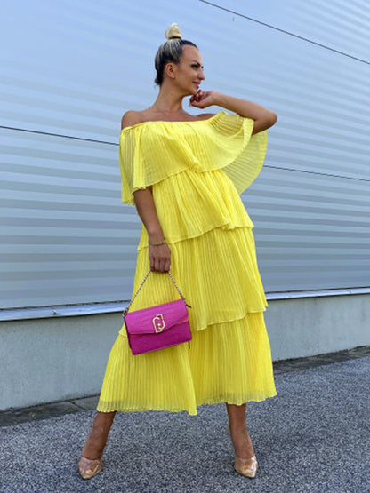 Yellow Off Shoulder Pleated Ruffle Maxi Dress