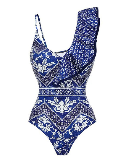 Asymmetrical Ruffle Printed One Piece Swimsuit and Skirt