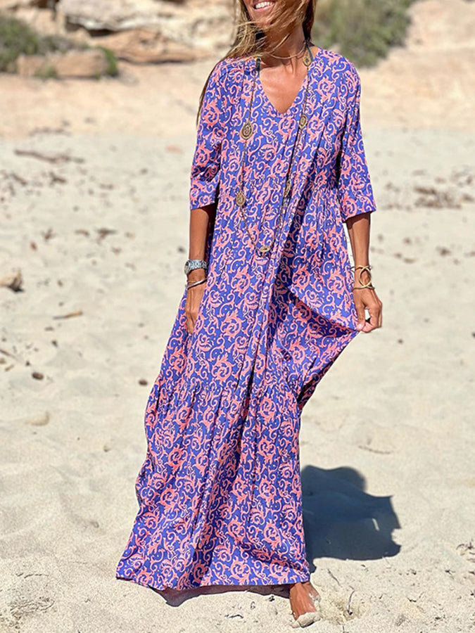Purple Printed 3/4 Sleeves V Neck Maxi Dress