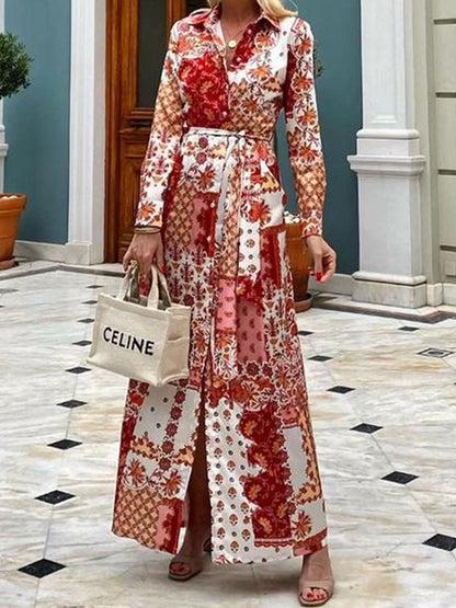 Red Long Sleeves Printed Lace-up Maxi Dress