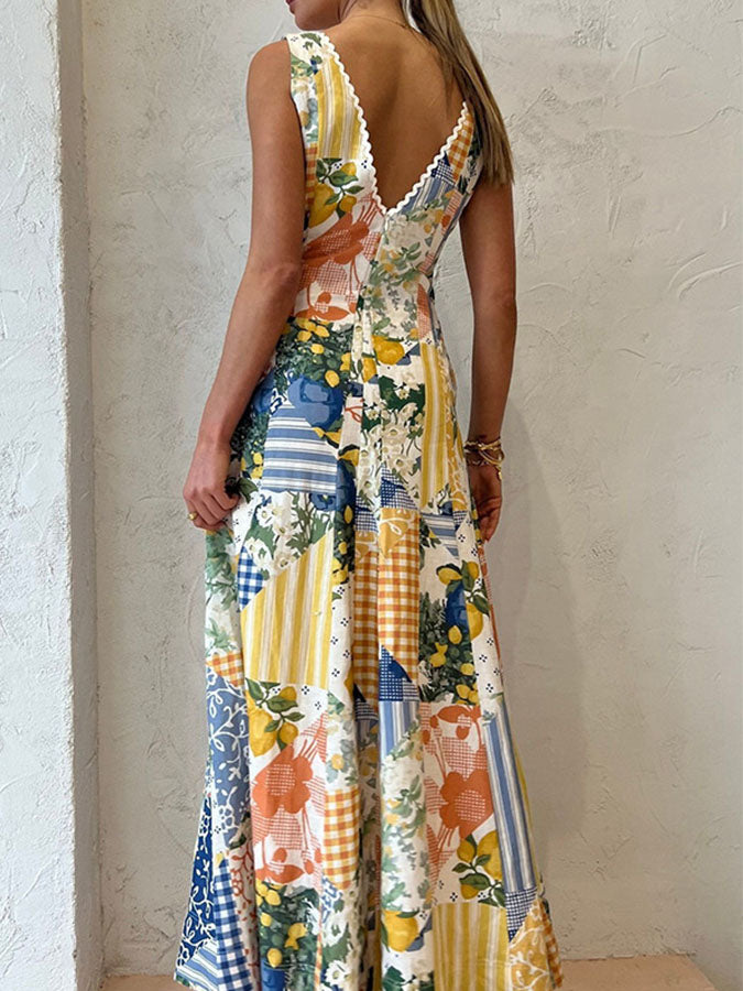 Printed V Neck Sleeveless Maxi Dress