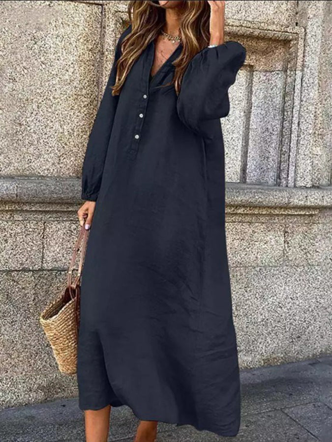 Long Sleeves Buttoned V Neck Maxi Dress