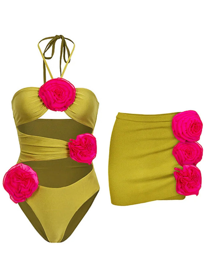 Cut-out 3d Flower One Piece Swimsuit and Skirt