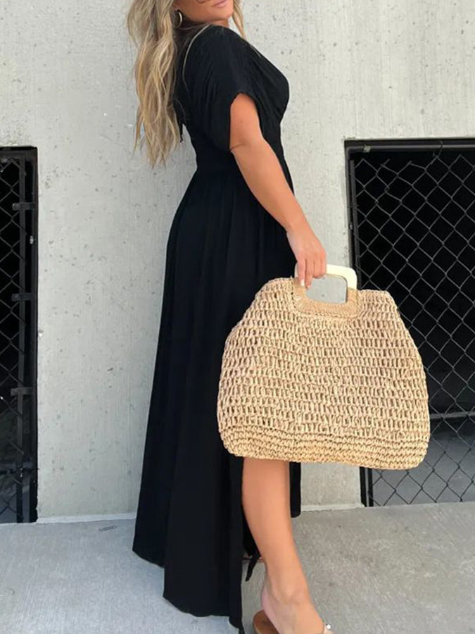 V Neck Batwing Sleeves Elastic Waist Maxi Dress