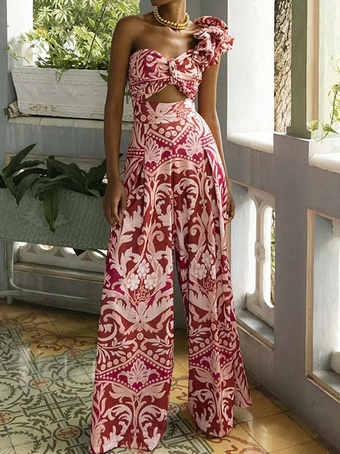 One Shoulder Ruffle Printed One Piece Swimsuit and Pant