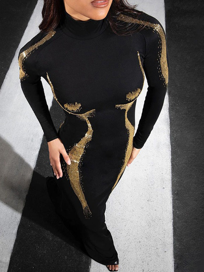 Long Sleeves Printed Slim Maxi Dress
