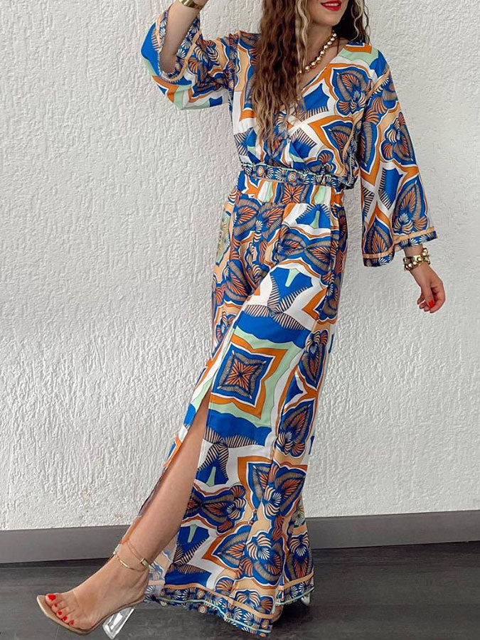 V Neck Long Sleeves Printed Shirt and Wide-leg Pants Sets