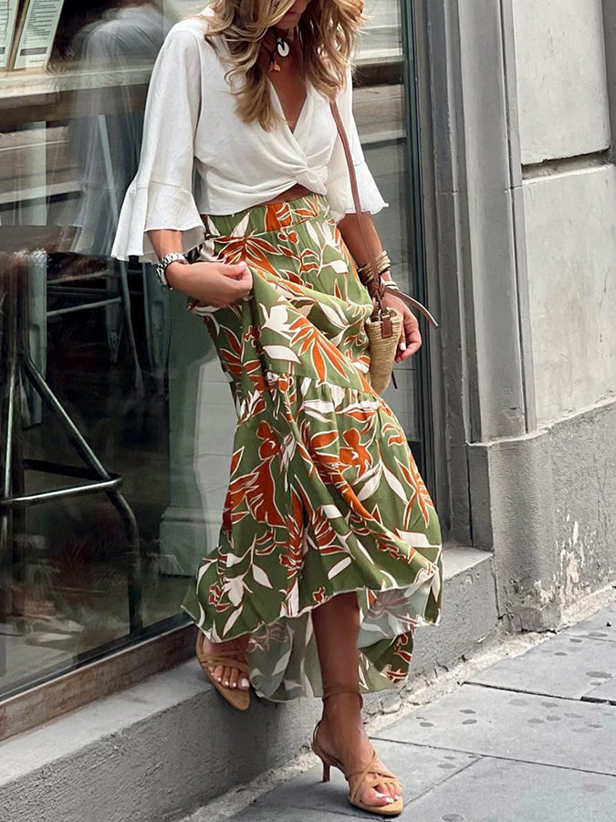 Green Printed Elastic Waist Skirt