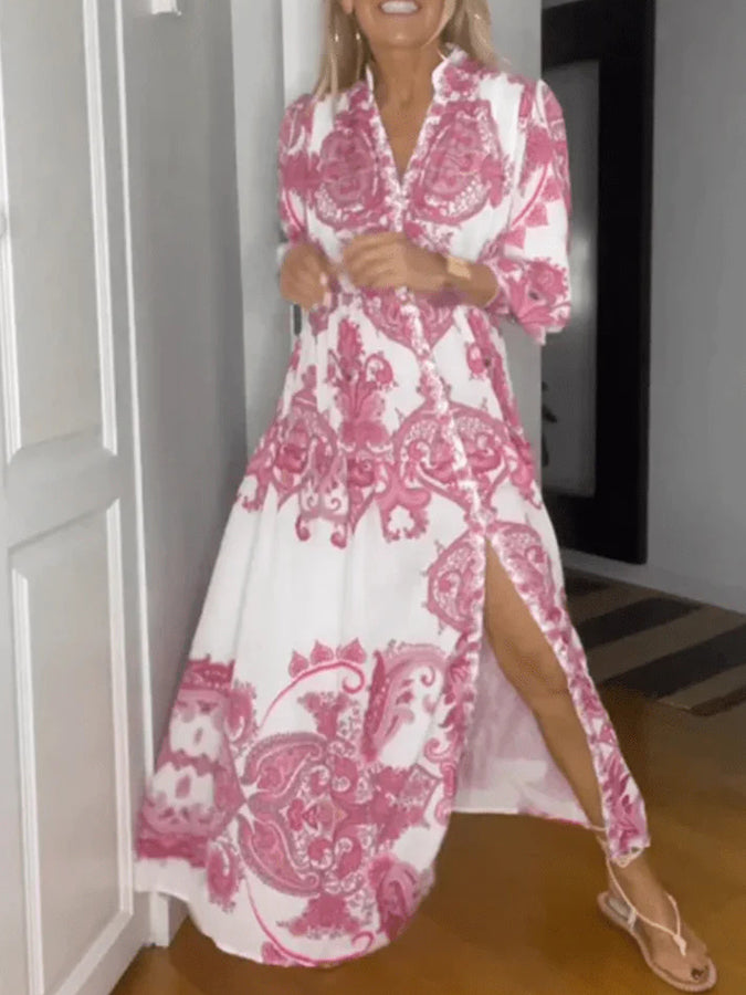 Tribal Printed V Neck Long Sleeves Maxi Dress