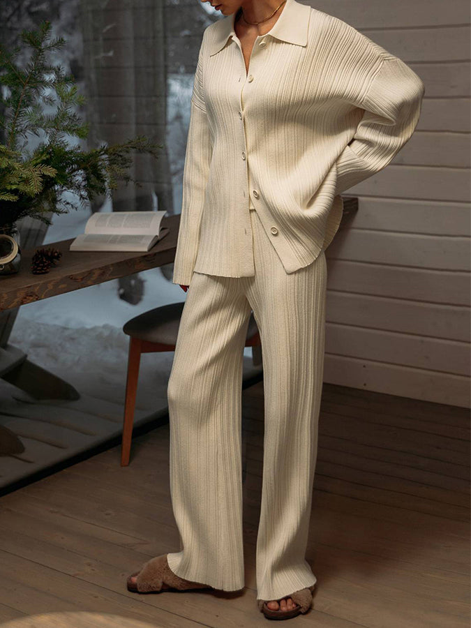 Knitted Buttoned Sweater and Pants Two Pieces Sets
