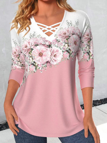Long Sleeves Printed V Neck T-shirt