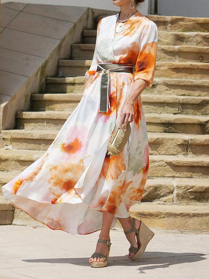 V Neck 3/4 Sleeves Printed Lace-up Swing Maxi Dress