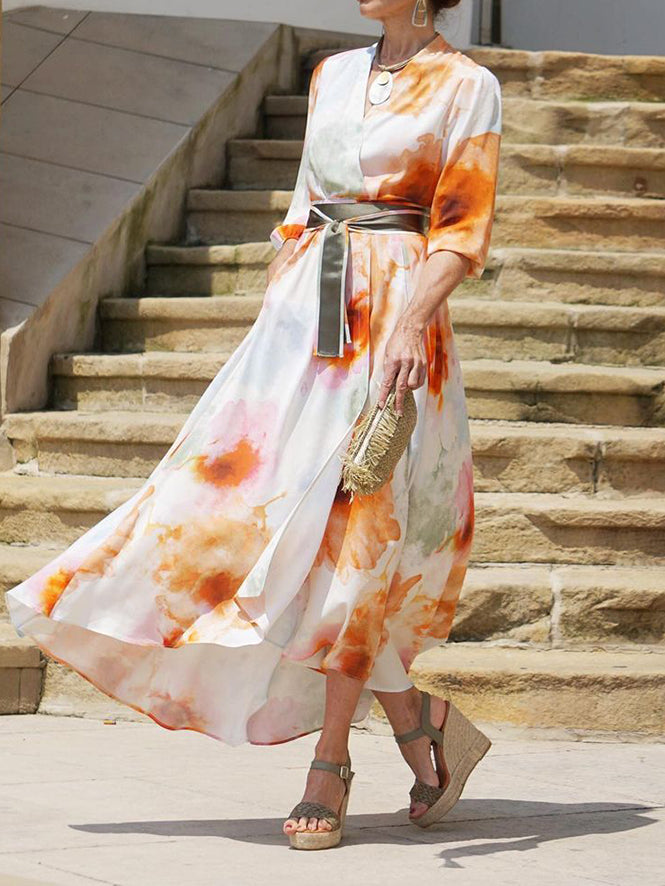 V Neck 3/4 Sleeves Printed Lace-up Swing Maxi Dress