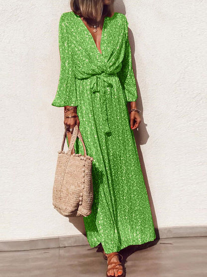 V Neck Long Sleeves Printed Maxi Dress