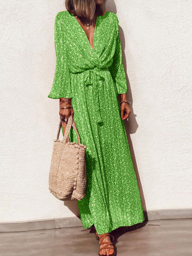 V Neck Long Sleeves Printed Maxi Dress