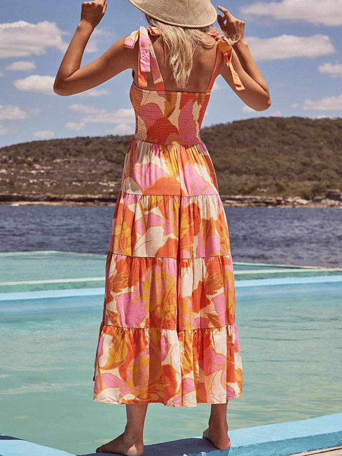 Leaves Printed Tie-shoulder Sleeveless Holiday Maxi Dress