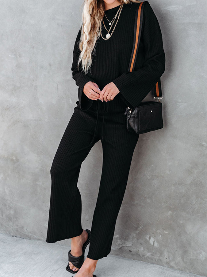 Knitted Long Sleeves Top and Pants Sets