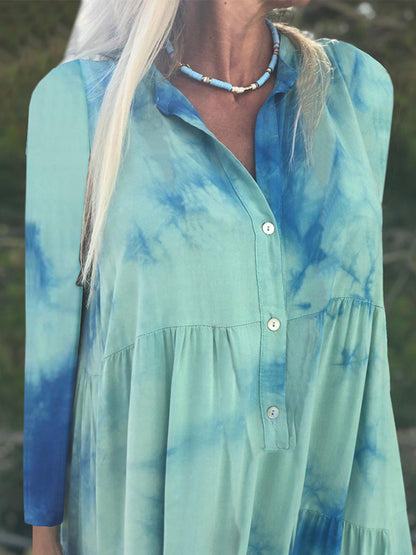 Long Sleeves V Neck Tie-dyed Maxi Dress